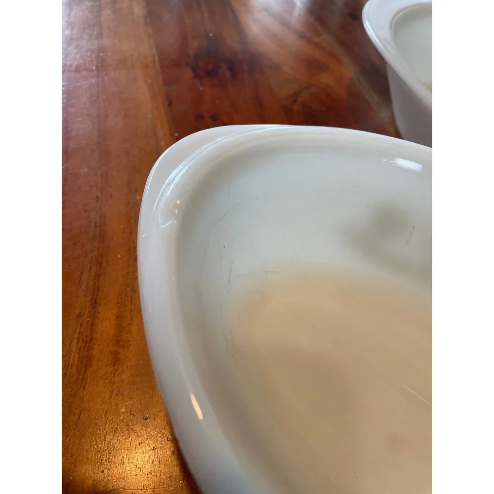 Vintage Glasbake Milk Glass Green Daisy Casserole & Divided Dish Set 2pc J2352